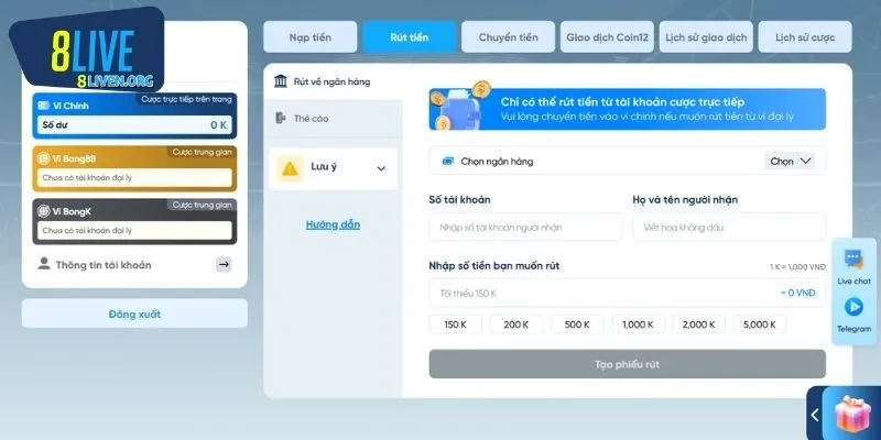 Rút tiền 8LIVE có bị mất phí không?